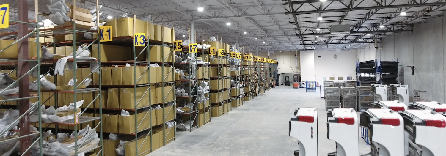 Warehouse with shelves filled with boxes